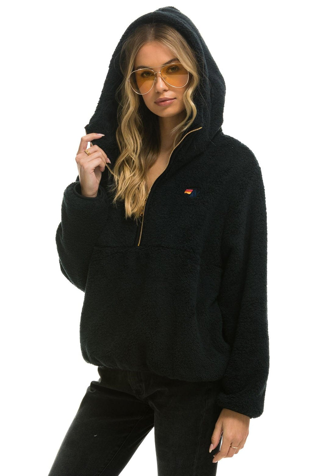 Classic TEDDY UNISEX HOODED HALF ZIP JACKET - BLACK