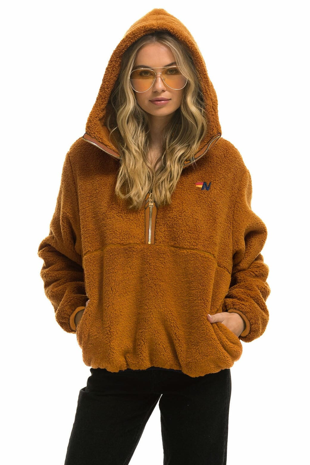 Classic TEDDY UNISEX HOODED HALF ZIP JACKET - WHISKEY