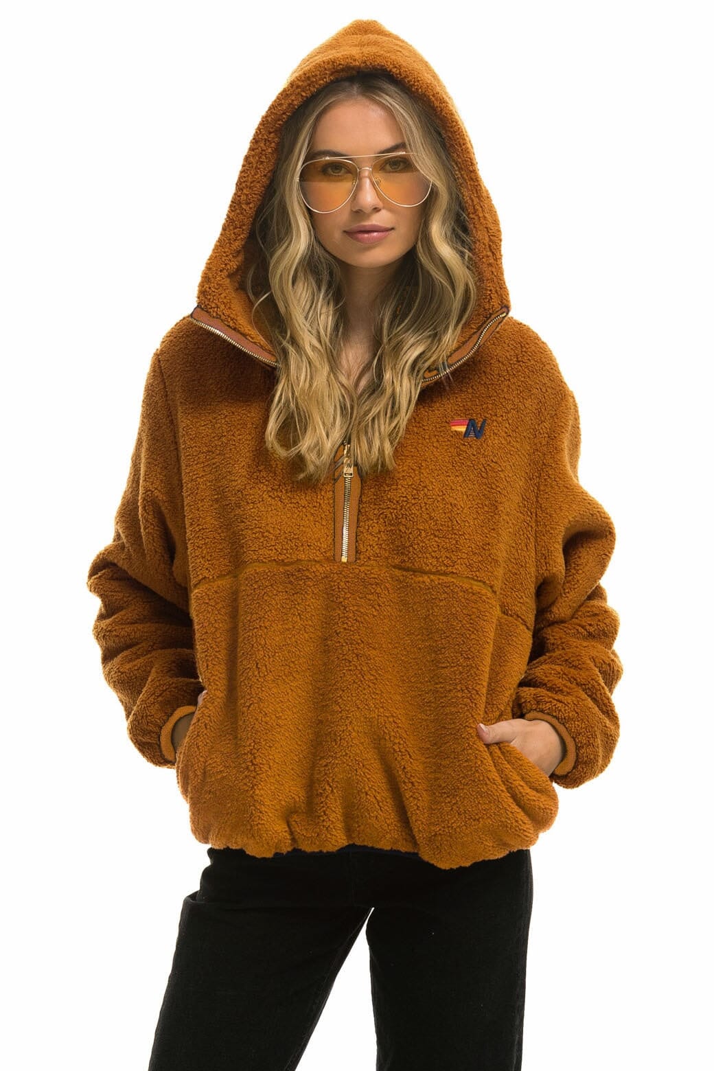Classic TEDDY UNISEX HOODED HALF ZIP JACKET - WHISKEY
