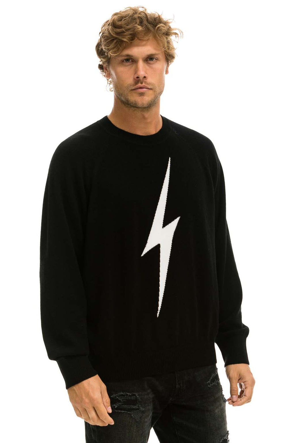 Classic UNISEX BOLT CASHMERE LIGHT SWEATER - BLACK WHITE BOLT