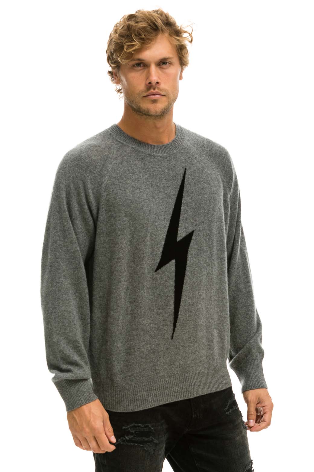 Classic UNISEX BOLT CASHMERE LIGHT SWEATER - DEEP HEATHER BLACK BOLT