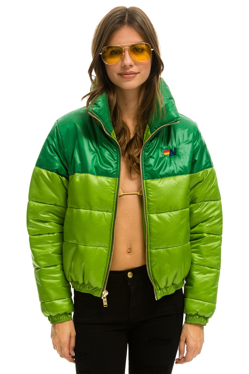Classic COLOR BLOCK HALF AND HALF APRES PUFFER JACKET - AMAZON GLOSSY