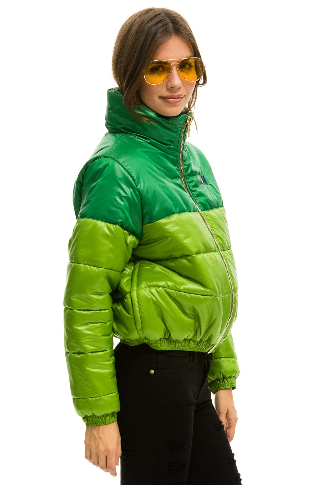 Classic COLOR BLOCK HALF AND HALF APRES PUFFER JACKET - AMAZON GLOSSY