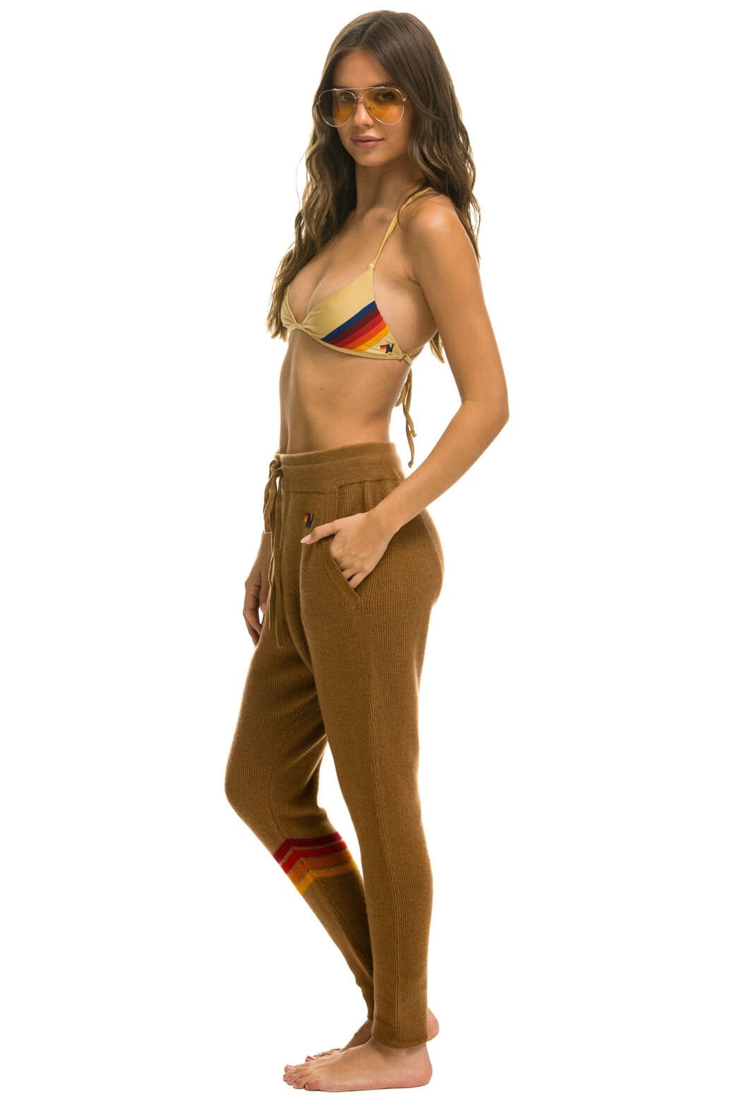Classic RAINBOW 4 STRIPE CASHMERE RELAXED FIT PANT - BUTTERSCOTCH