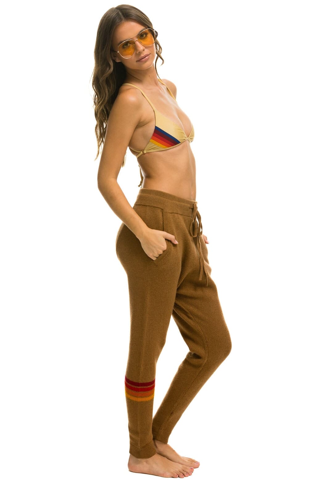 Classic RAINBOW 4 STRIPE CASHMERE RELAXED FIT PANT - BUTTERSCOTCH