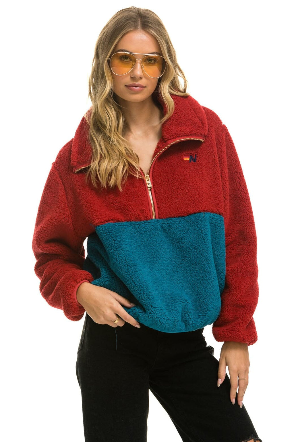 Classic TEDDY APRES HALF ZIP COLOR BLOCK JACKET - CHERRY